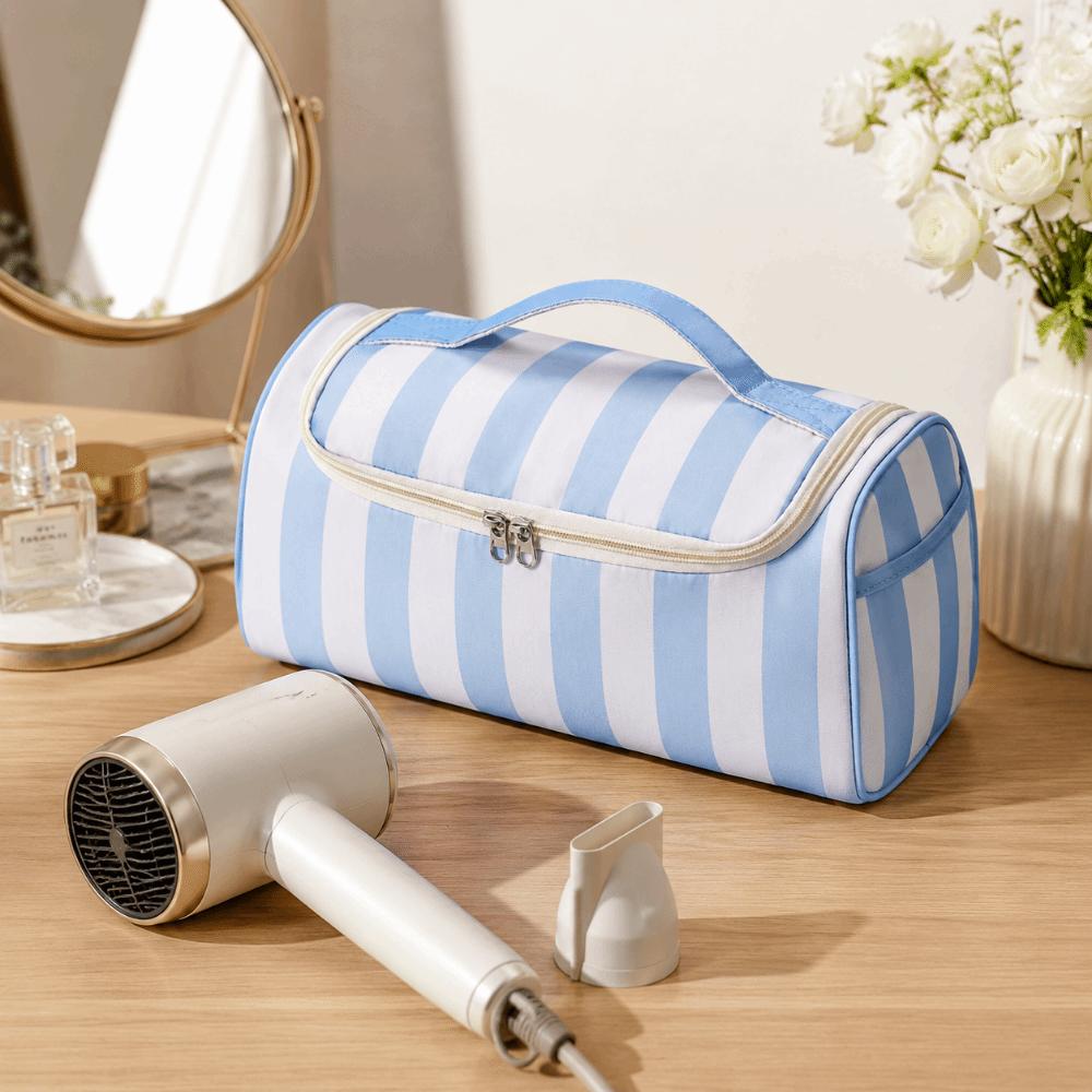 Striped Hair Tool Organizer Portable Dustproof Makeup Organizer Bag Hanging Hook Space-Saving Travel Toiletry Bag Home Storage