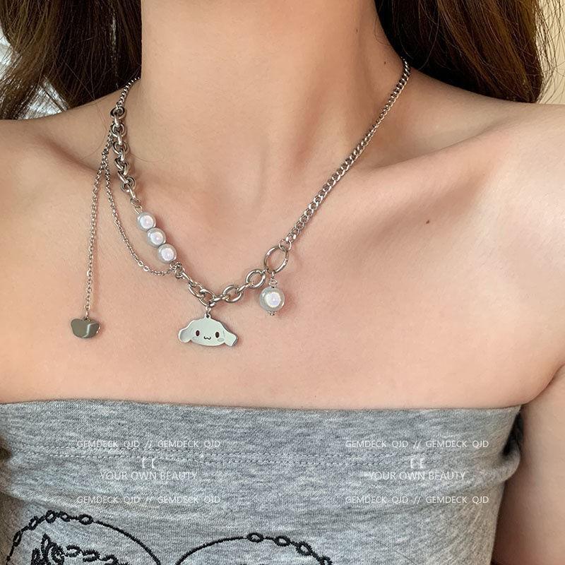 Indifferent Wind Japanese Kulomie Pendant Demon Skull Reflective Beads Non-Fading Titanium Steel Necklace Pearl Clavicle Chain