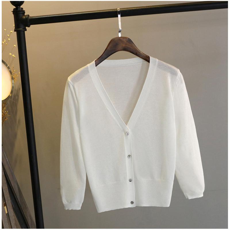 Letni Jedwabny Trójczwarty Rękaw Krótki Dzianinowy Sweterek Kardigan dla Kobiet, Bardzo Cienki Szal Okrycie Wierzchnie, Koszulka do Klimatyzacji, Kurtka Ochronna przed Słońcem,