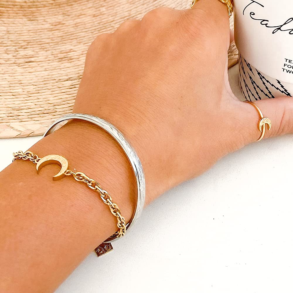 Hawaiian Jewelry Crescent Stainless Pink Gold [JULAISU] Bracelet, Moon, Women's, Men's, Scroll, Wave, Hypoallergenic, Surgical, Steel, Gift,
