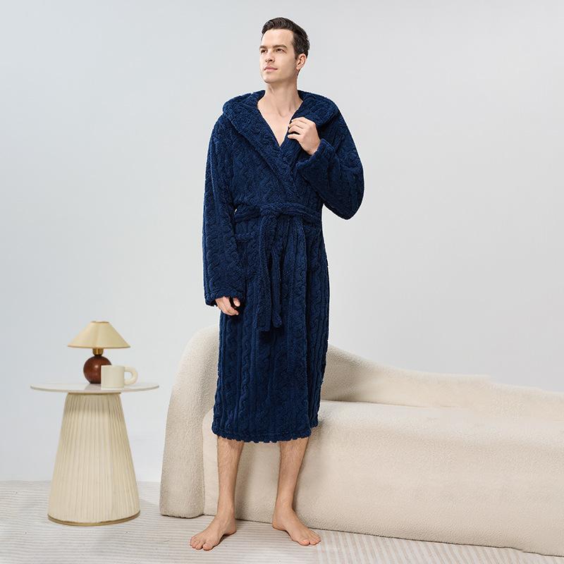 Men's Winter Hooded Robe Plush Long Bath Robes with Hood Cozy Warm Bathrobe Fuzzy Spa Robe With Pockets House Coat Fluffy Fleece Robes for Men