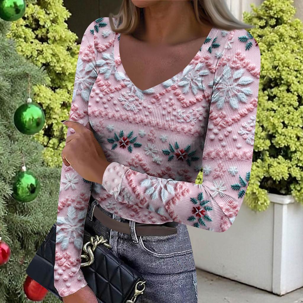Women's Winter Slim-Fit Base Layer T-Shirt Fashionable Christmas Print V-Neck Pullover Long-Sleeved Top