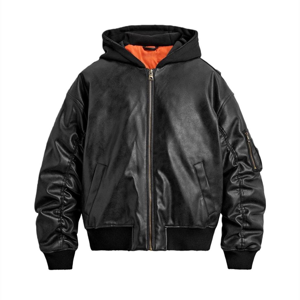 Herren Wintermode Lockere Kapuzenjacke aus Kunstleder 8491706