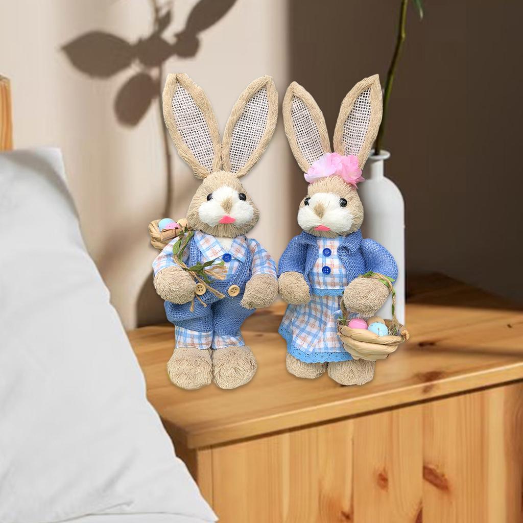 2pcs Easter Straw Bunny Figurines Farmhouse Decorations Handcrafted Straw Rabbits Sculptures For Festival Table Display