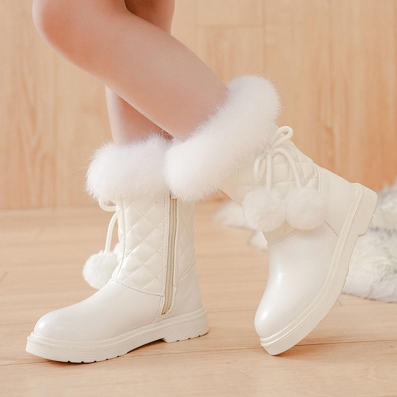 Dívčí módní zateplené princeznovské kozačky zimní dětské kozačky do půli lýtka sněhule