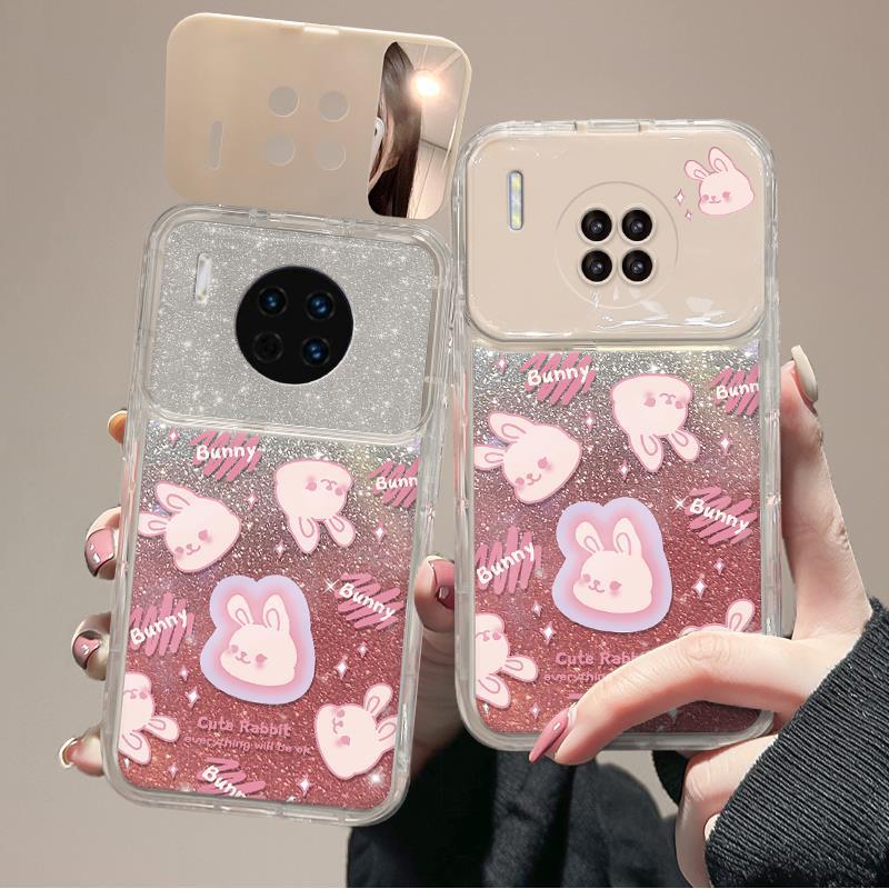 Suitable for Huawei P60 Mobile Phone Case Mate50pro Cute Rabbit Flip Mirror Hanging Chain Honor 90 Transparent Silicone