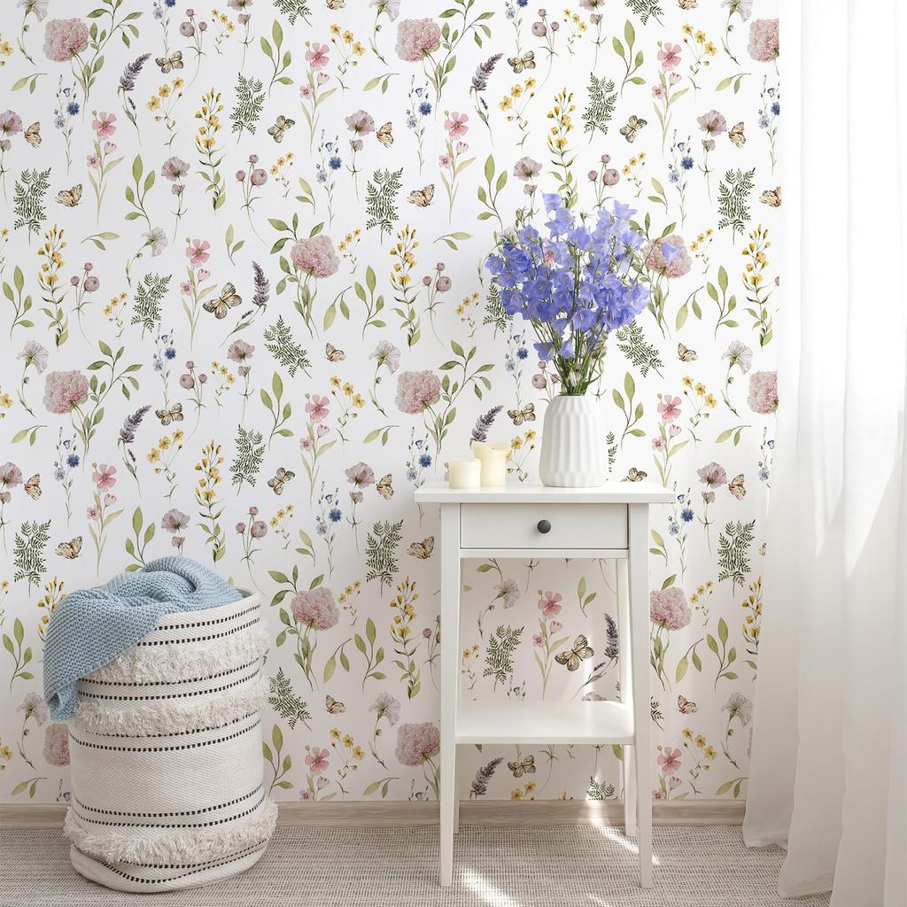 VEELIKE Floral Wallpaper Stickers, Remake Sheet, Wallpaper Cloth, Renovation Sheet, Cutting Sheet, Wall Sticker, 44.5 x 300cm, White, Various Floral
