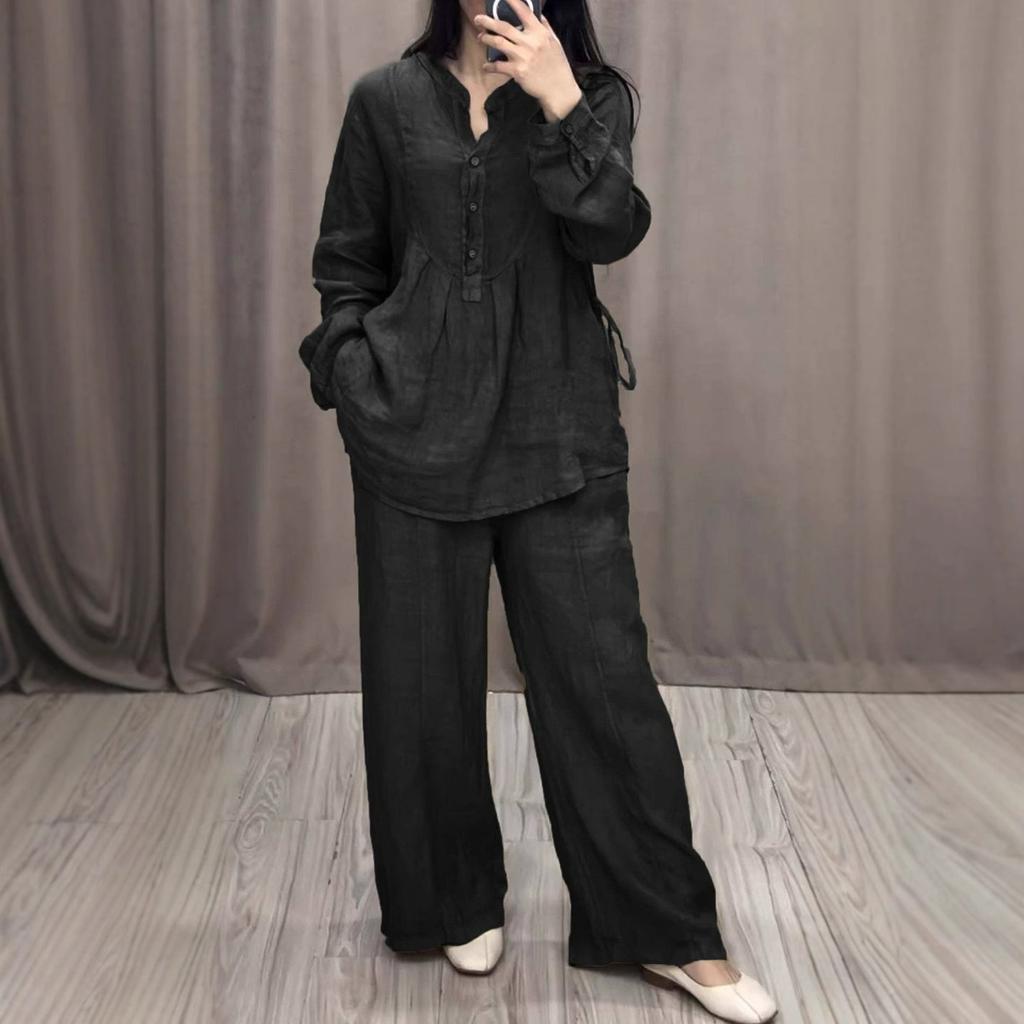 Fashionable and Comfortable Cotton and Linen Long-sleeved Half-open Placket Casual Pleated Wide-leg Pants Suit