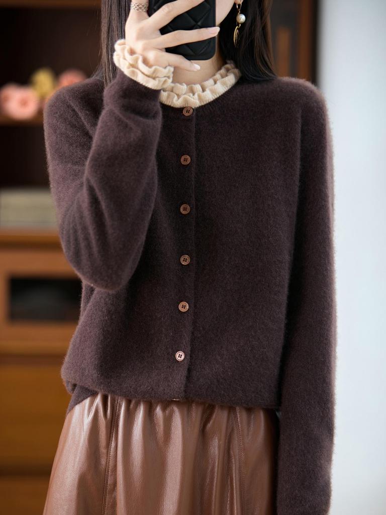 Women's 100% Pure Wool Ruffle Edge Cardigan - Autumn Loose Knit Cashmere Sweater