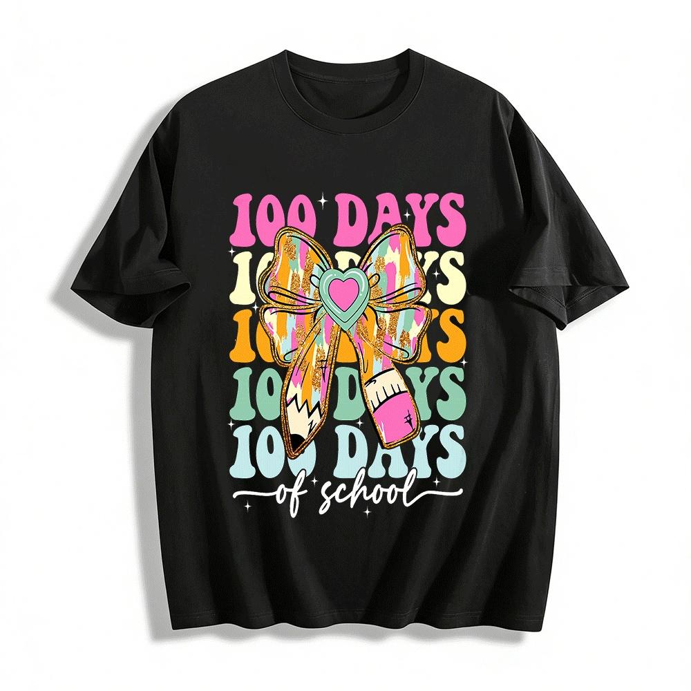 

Girls 100 Days of School Pencil Bow Graphic Casual Top Pure cotton T-shirt XXS