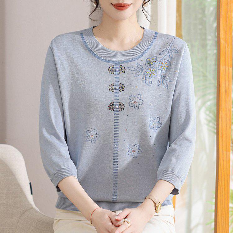 Chic Plus Size Round Neck Sweater for Middle-Aged Women - Comfortable 3/4 Sleeve Knitwear