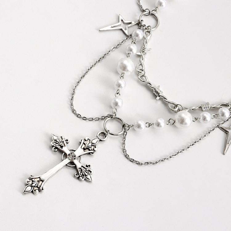 Fashion Cross Pendant Necklace Gothic Layered Necklace Pearl Beaded Necklace