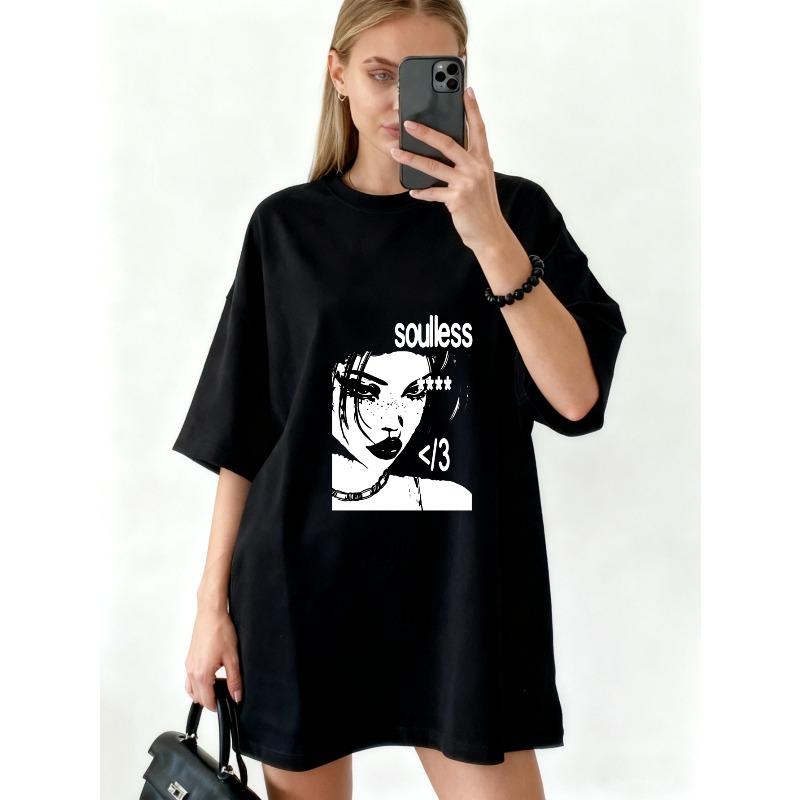 Oversized T-Shirt Black Graphic Print With Face And Text Soulless 13 Casual Streetwear Fashion For Women