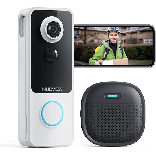 

Бездротовий відеодзвінок MUBVIEW з дзвінком, 1080p, двосторонній зв язок, нічне бачення, виявлення людини, зберігання на карті/у хмарі - Без підписки білий