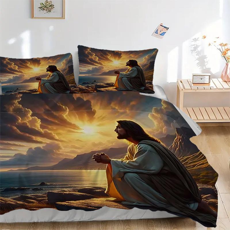 3pcs Anime Jesus Prayer Sunset Scene Comforter Set with 1 Comforter and 2 Pillowcases (No Core) - Home Decor, Holiday Gift, Polyester Fabric, Anime Ca
