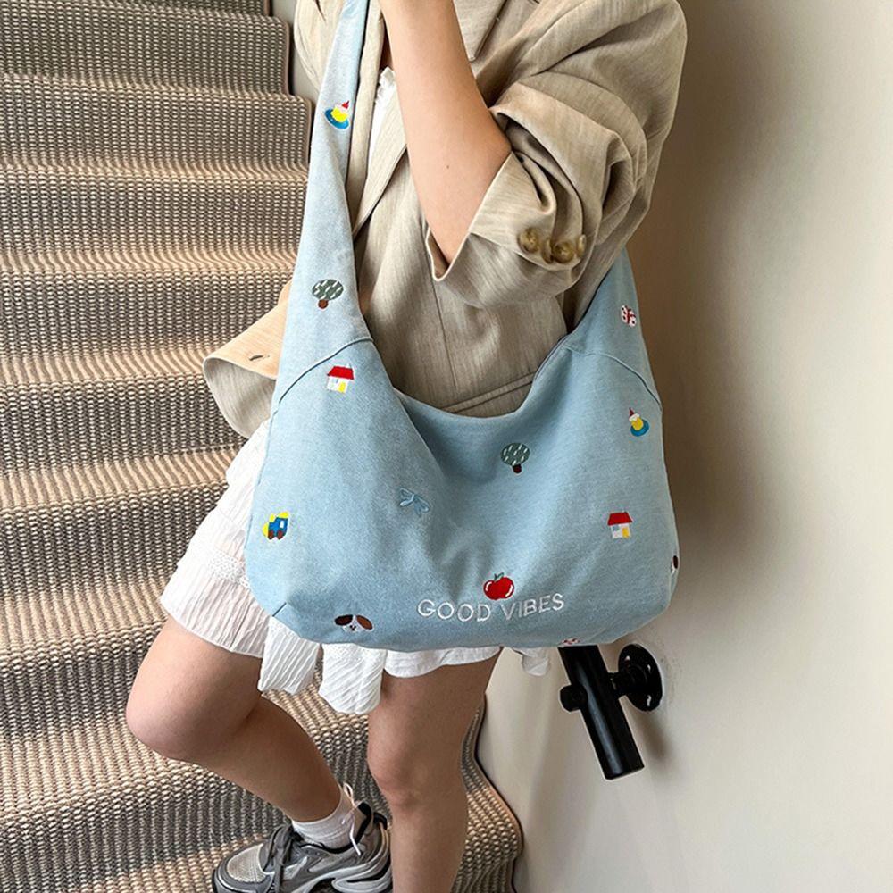 Sweet Women's Denim Shoulder Bag Large Capacity Messenger Bag Cute Embroidered Tote Bag  Outdoor