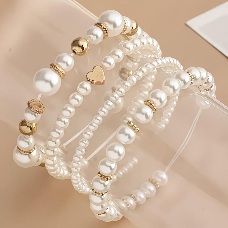 4pcs Elegant Vintage Minimalist Women'S CCB Imitation Pearl Beaded Elastic Bracelet Set , Suitable for Daily Wear, Vacation, Parties, Weddings Gifts,