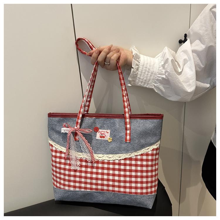Korean Style Plaid Denim Shoulder Bag Sweet Bow Knot Crossbody Tote for Women CLE