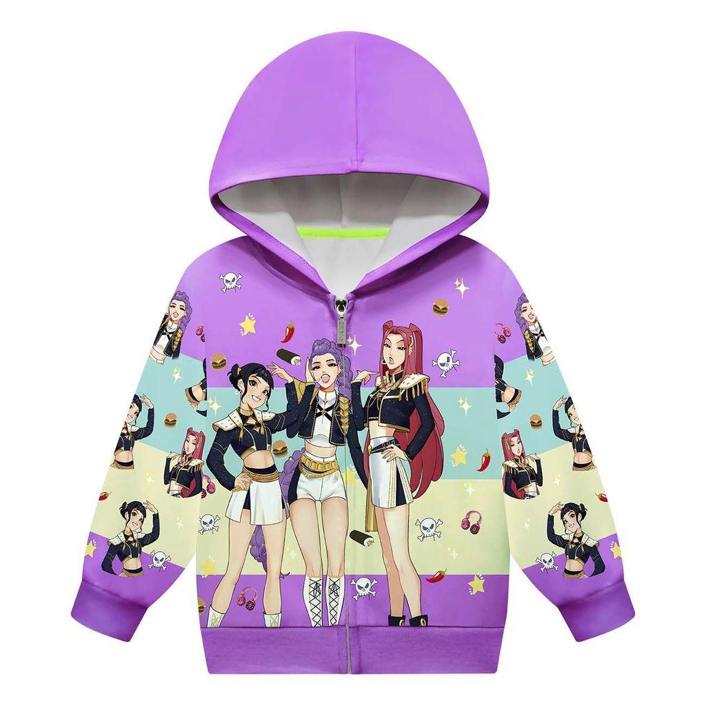 Kids Girls POP Singer Rumi Zoey Mira Printed Casual Hooded Zipper Long Sleeves Jacket Coat