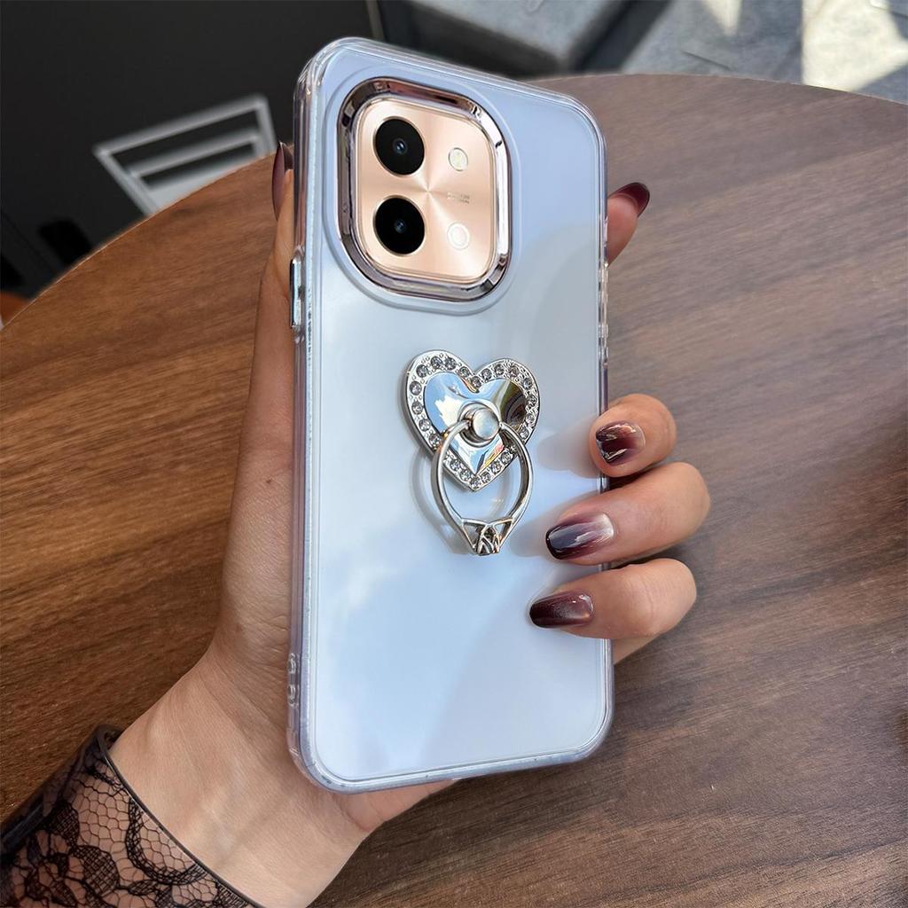 Luxury Bling Rhinestone Heart Ring Bracket Clear Phone Case for Vivo Y28s 5G,Y03,Y03t Stand Cover