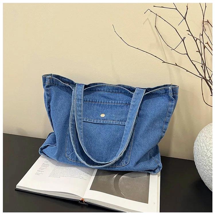 Casual Portable Women Denim Shoulder Bags Simple Large Capacity Ladies Handbags Solid Color College Style Female Tote Bag