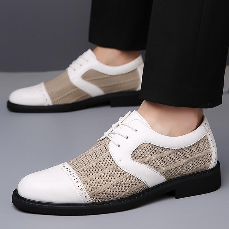 Summer Men's Formal Dress Pointed Mesh Mixed Patchwork Business Oxford Shoes Lace Up Wedding Party Footwear Zapatos Hombre