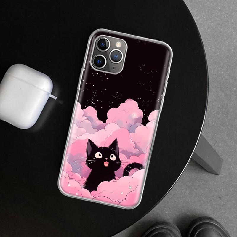 Anime Cute Black Cat Meow Phone Case Cover for iPhone 11 12 13 Mini 14 15 Plus 16 Pro Max 17 Air 7 8 + SE Art Customized Fundas