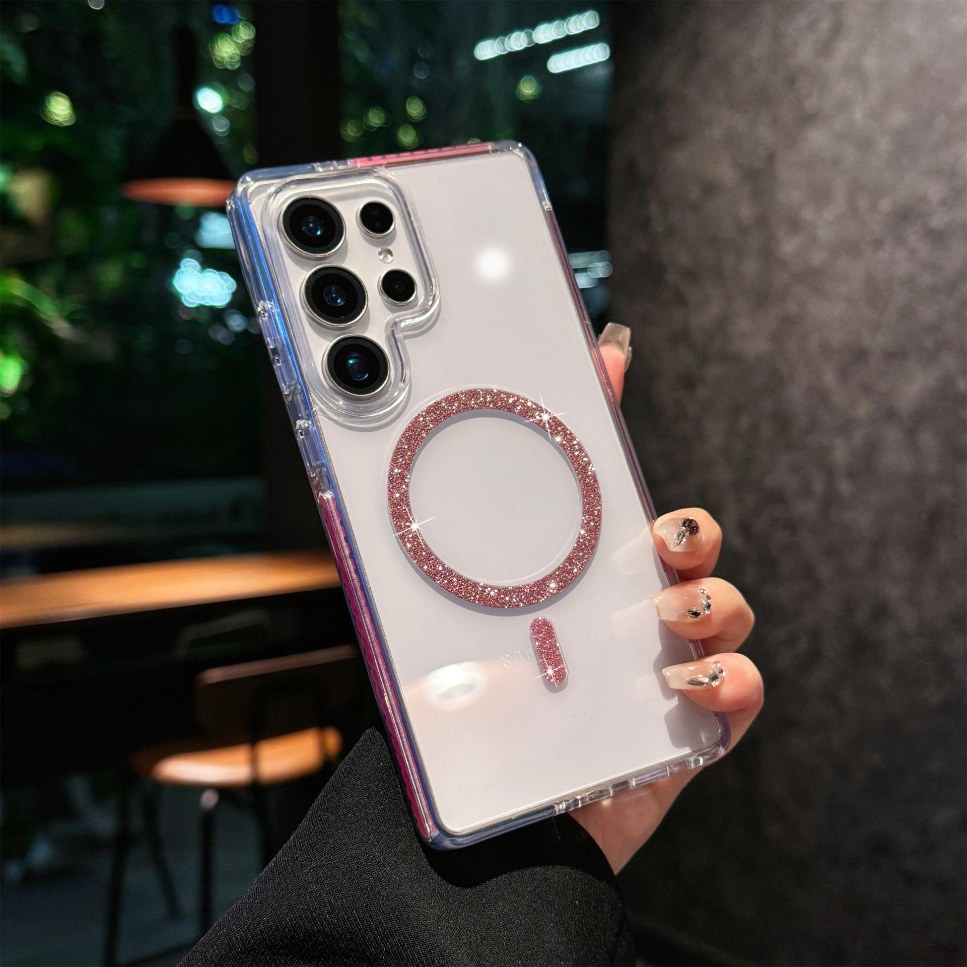 

Suitable for Samsung S25ultra Flash Powder Magnetic Suction Phone Case Color Non-slip Edge S24 Fashionable Anti Fall Luxury Hard Case Galaxy S25