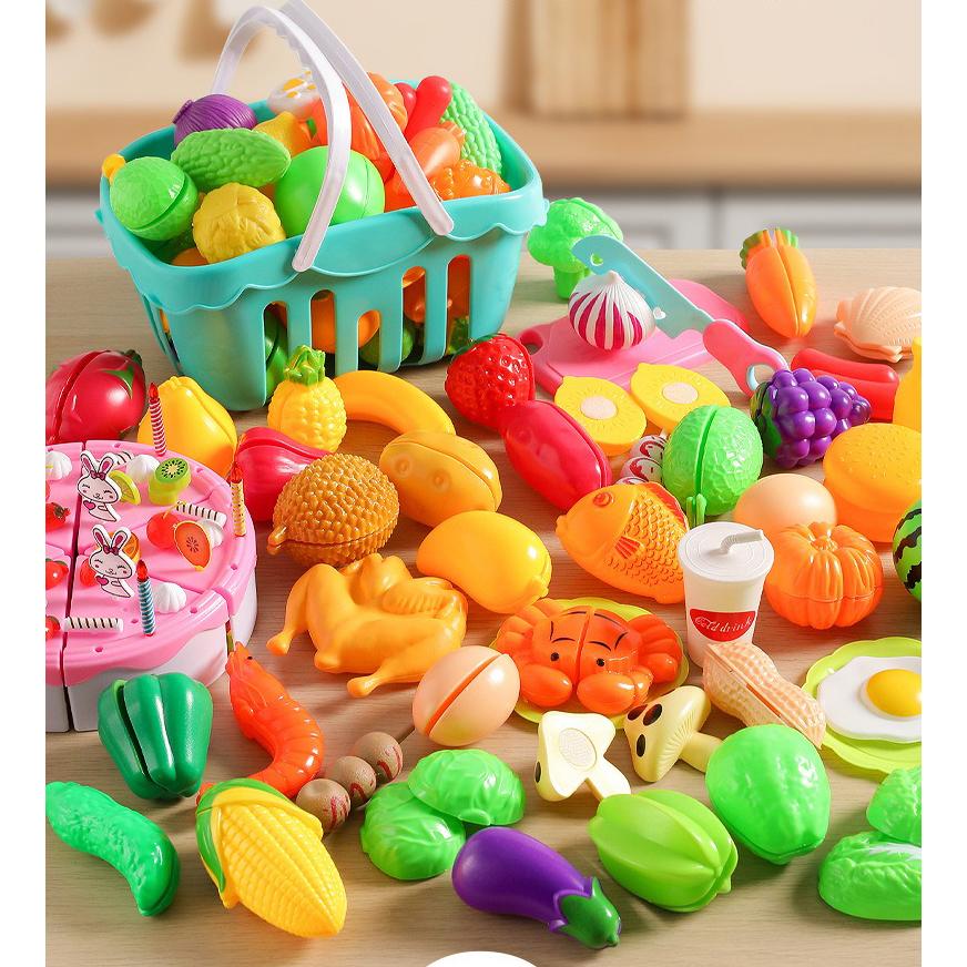 69/82/104 Pcs Play Food Set for Kids Kitchen, Pretend Food Toy for Toddlers Plastics Cutting Fake Food/ Fruit/ Vegetable Accessories