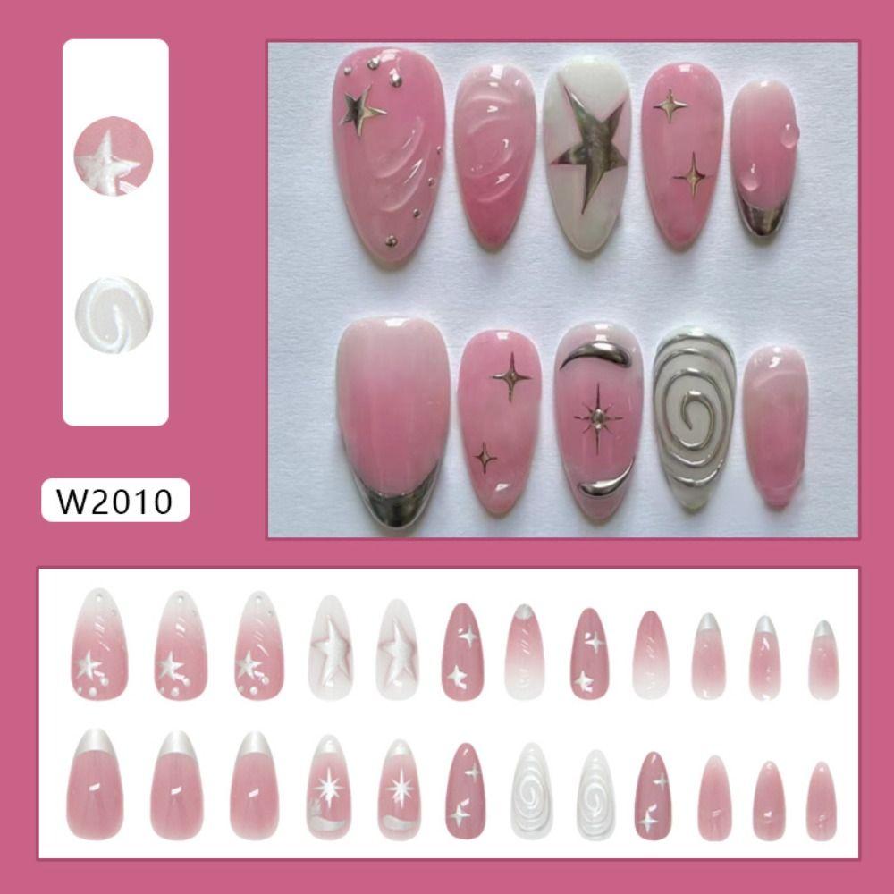 24pcs Long Almond False Nails Starry Golden Ripple Aurora Butterfly Strawberry Fake Nails Detachable French White Edge