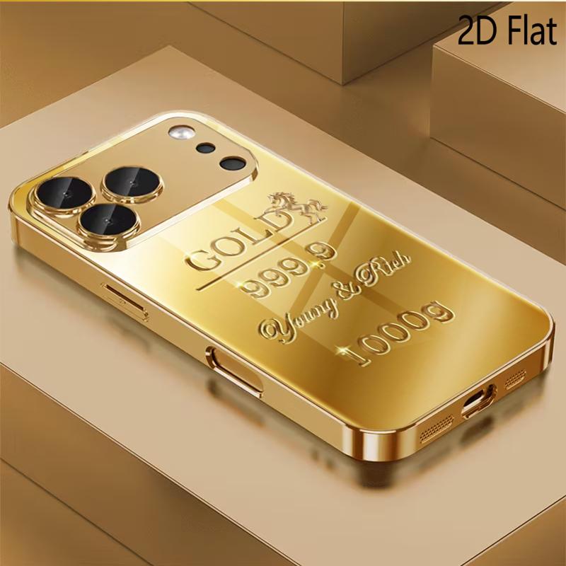 Gold Print Patterned Tempered Glass Design for iPhone16 17 Pro Max 15 14 13 12 11 ProMax Phone Case Camera Cover Shockproof H