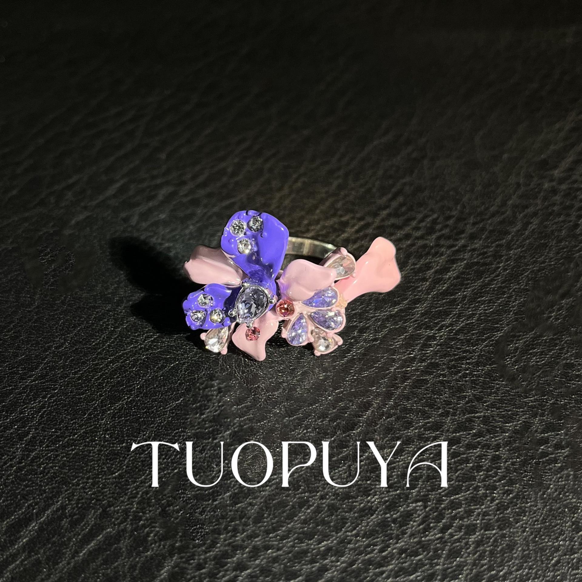 Rhinestone Inlaid Pink & Purple Petal Earrings with Water Drop Design - Chic Spring/Summer Accessory Set