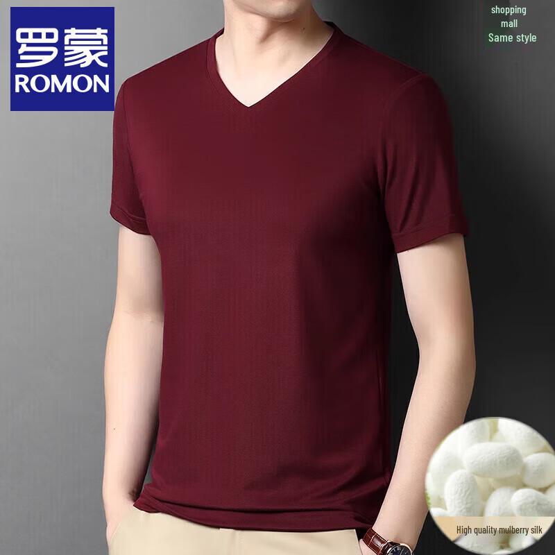 Romon Men's Summer V-Neck Short Sleeve T-Shirt with Mulberry Silk Blend