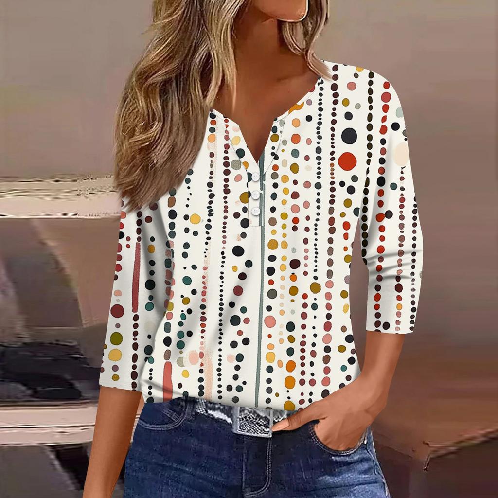 T-shirt da donna T-shirt stampata con bottoni manica a 3/4 Top regolare alla moda quotidiana per il fine settimana, basic con scollo a V