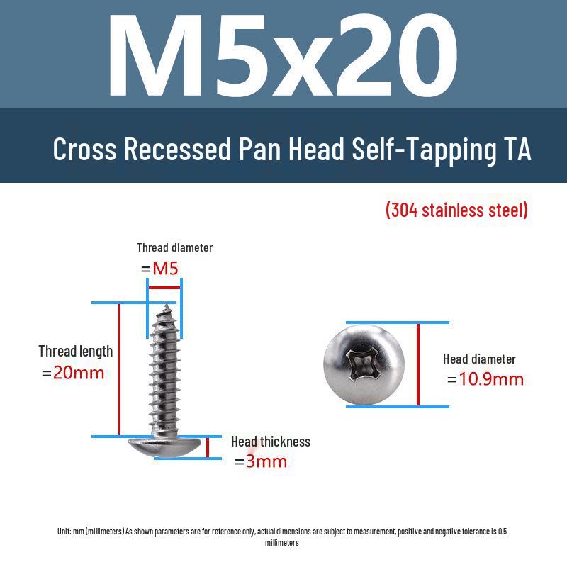 304 Stainless Steel Large Flat Head Self-Tapping Screws, TA Umbrella Head, Pointed Tail, M2-