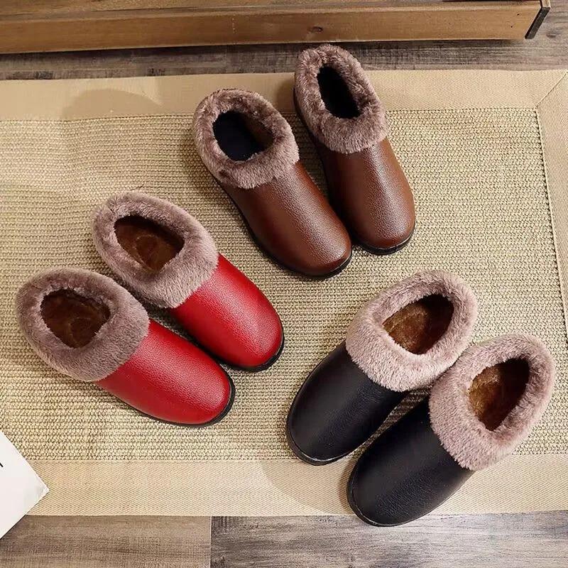 Winter Women's Snow Warm Short Tube Flat-bottomed Home Soft-soled Slippers Plus Velvet Non-slip Cotton Shoes