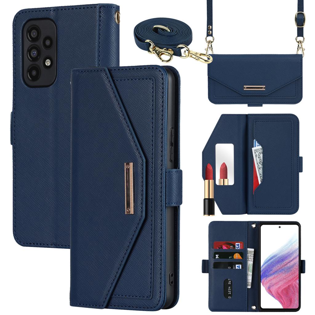 Etui z podstawką dla Samsunga Galaxy A53 5G, Tekstura krzyżowa, Skóra PU, Portfel, Pokrowiec na telefon z paskiem na ramię/Lusterko do makijażu