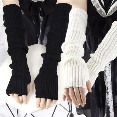 Lolita Fingerless Gloves Arm Warmers Women Autumn and Winter Knitted Kawaii White Black Gloves Anime Cosplay Ankle Wrist Sleeves