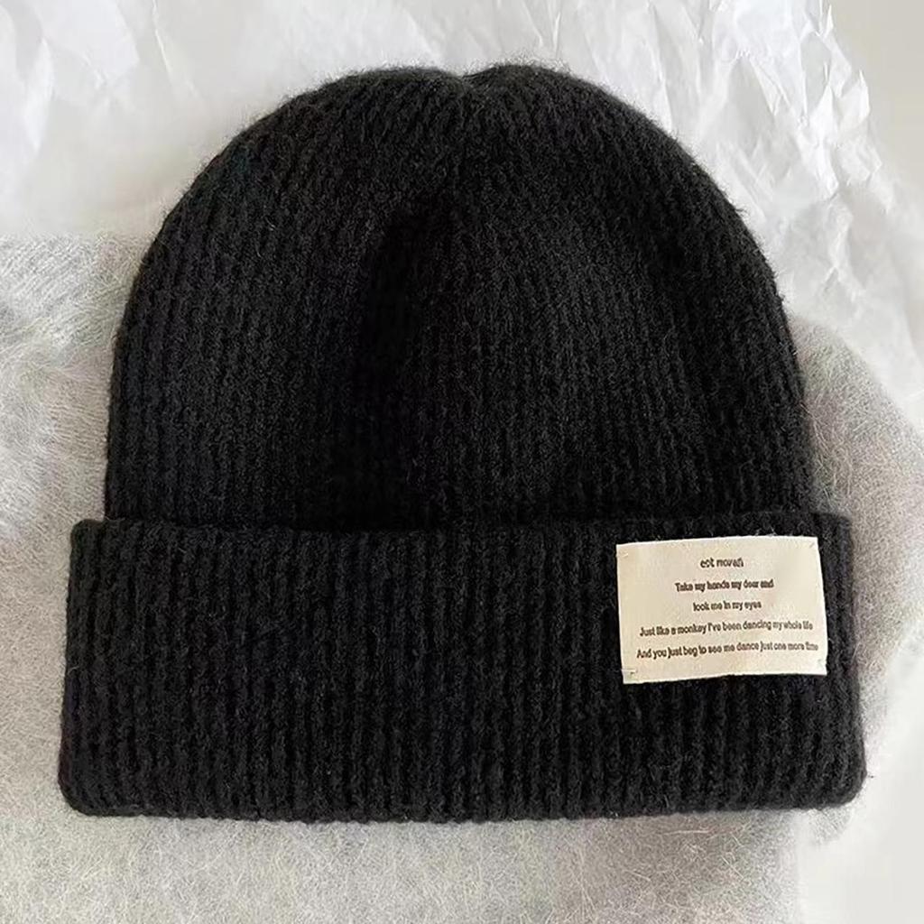 Damen Wollstrick Winter Dicke Mütze Einfarbig Buchstaben Etikett Beanies Skullies Koreanisches Mädchen Ohrenwärmer Kälteabweisende Überzieh-Mütze