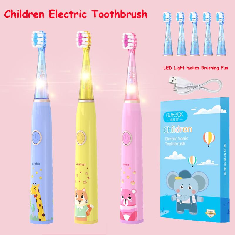 Kids Sonic Electric Toothbrush Cartoon with Colorful LED Light IPX7 Waterproof Rechargeable Overall Clean Teeth Oral Care Toothbrush
