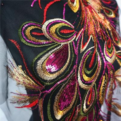 Rood Blauw Pailletten Geborduurde Feniks Pauwenveer Zwarte Mesh Trouwjurk Appliqué Kantrand Naaipatch Jurk DIY
