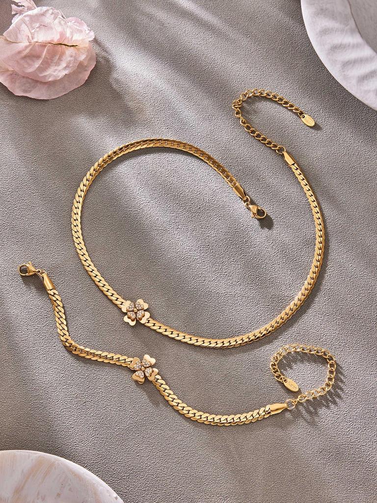 Stylish European & American Double Layer Zirconia Flower Necklace & Stainless Steel Bracelet Jewelry Set for Women