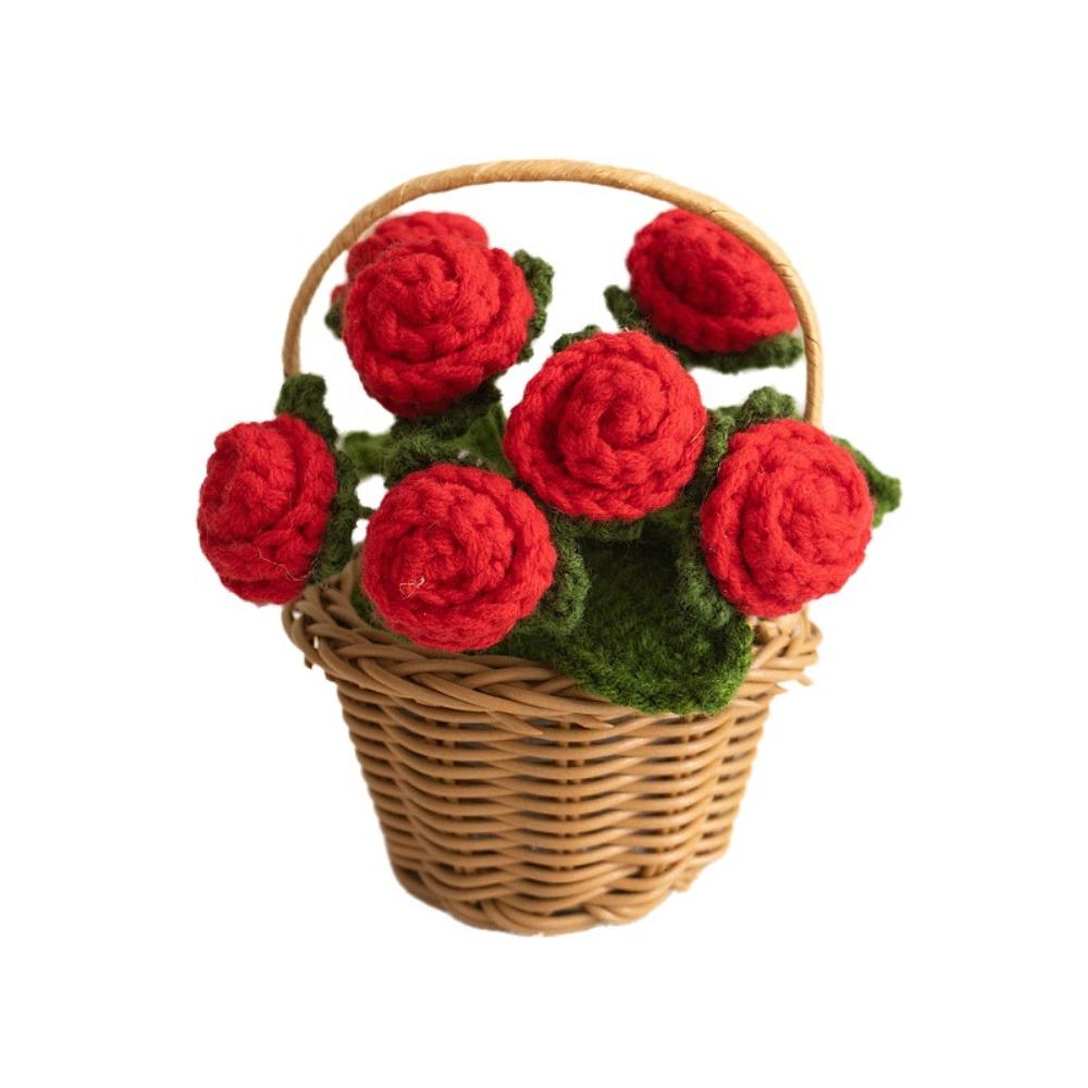 Small Crochet Flower Pot Handmade Puff Flower Potted Ornament  Office Desktop Decoration
