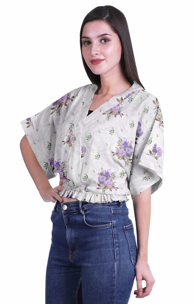 Moomaya Printed Boxy Sleeve Tops For Women V-Neck Elastic WaistA  Kimono Top