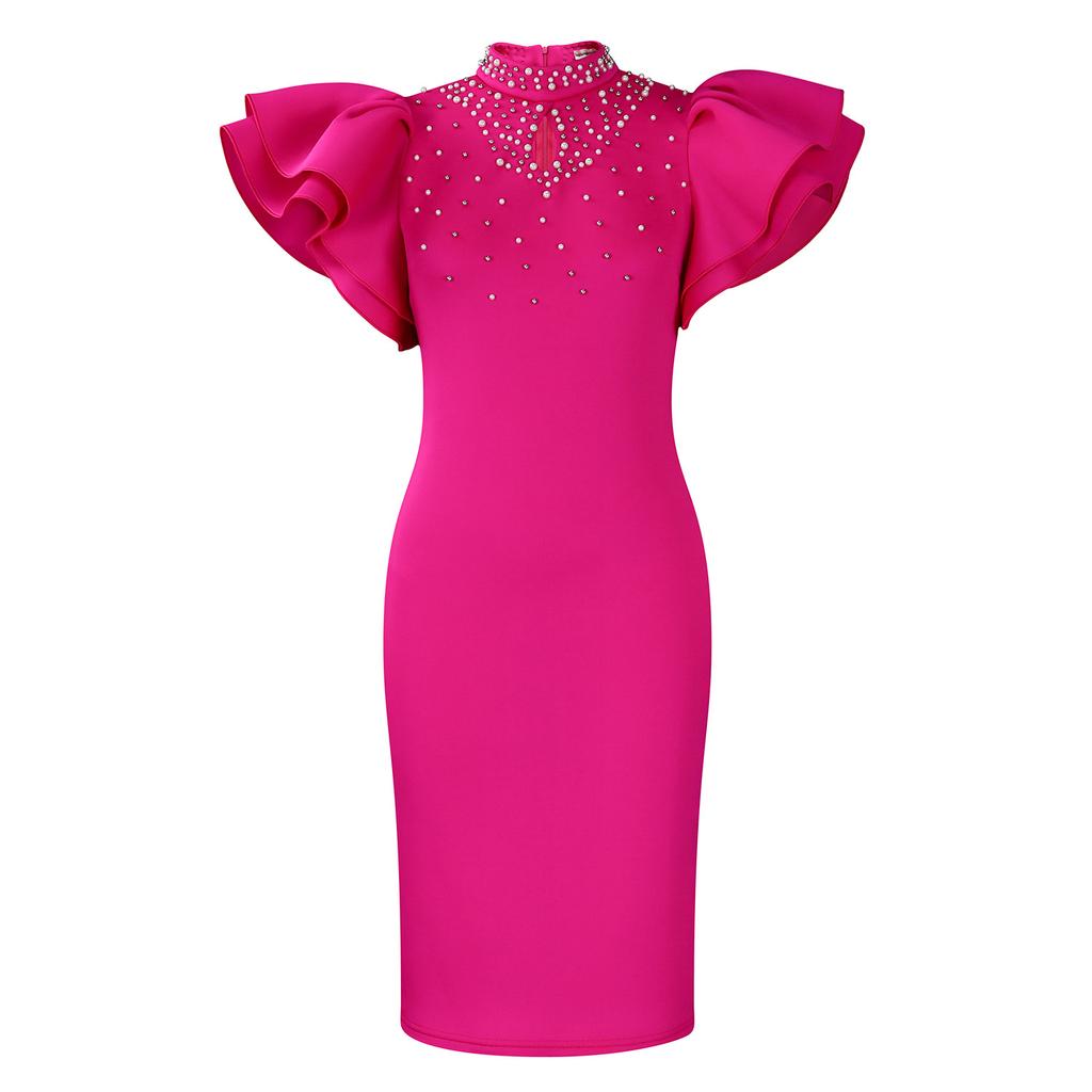 Damen Neues Mode Sexy Lotusblatt-Ärmel Perlen Partykleid Kleid