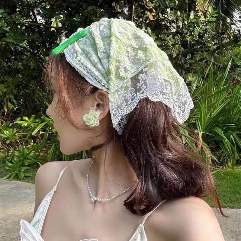Pastoral French Lace Triangle Hair Scarf and Headband for Spring Outings
