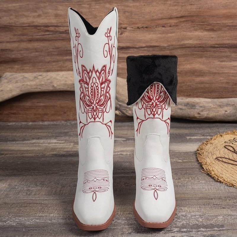 Large size embroidered high tube but knee fashion boots autumn and winter new square heel round head women's boots