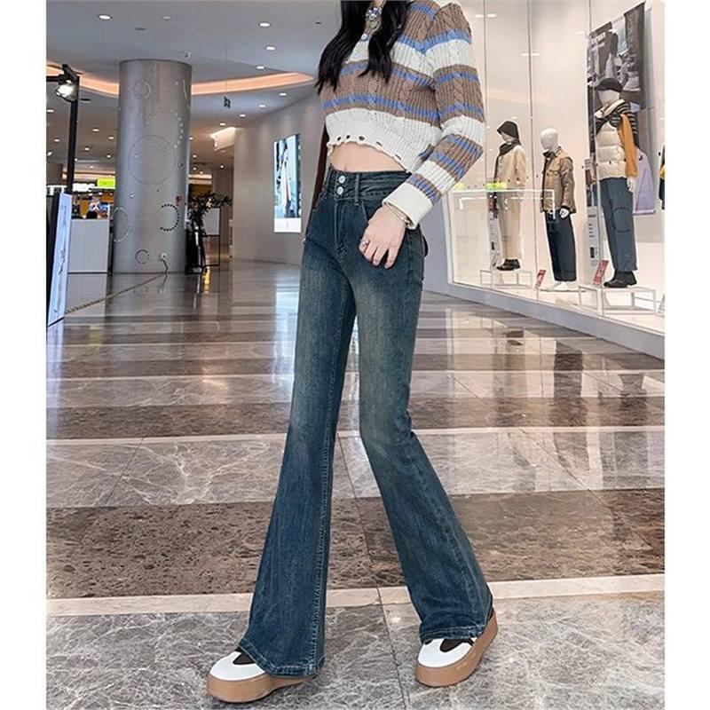 Cement Gray Micro-Flare Plus Velvet High-Waisted Slimming Petite Flared Jeans for Women XL