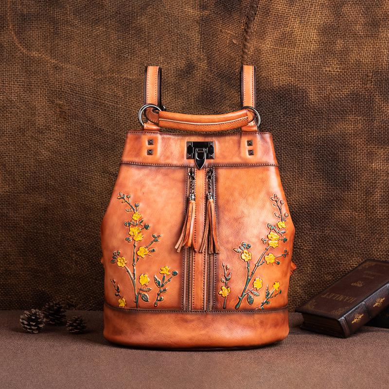 Johnature Vintage Natural Cow Leather Women Backpack Travel Bag Large Capacity Handmade Embossed Female Shoulder Bags