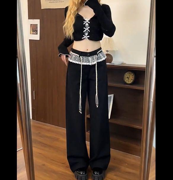 

Повседневные женские брюки с кружевной вставкой на талии: Трендовый дизайн высокого класса весна/лето 2025 Small чёрный